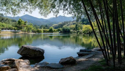Serene lake scene framed by lush greenery and towering bamboo, showcasing calm waters reflecting the surrounding landscape.