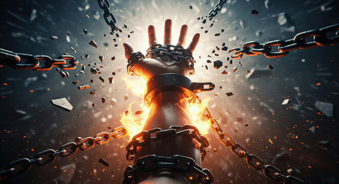 Hand breaking free from burning chains against a bright light. Concept of freedom, liberation, strength, and overcoming adversity.