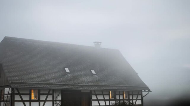 A halftimbered house shrouded in heavy fog with a visible tiled roof dormer windows and a chimney One window glows with light