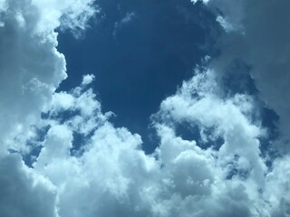 blue sky with clouds and sun reflection.The sun shines bright in the daytime in summer