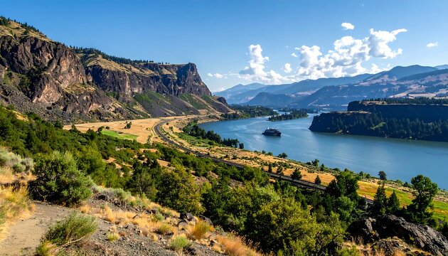 Panoramic view of a scenic river valley, showcasing rugged mountains, lush vegetation, and a placid waterway.