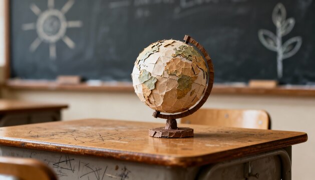 A globe sits on a wooden school desk in front of a chalkboard with drawings of a sun and a plant. - Powered by Adobe