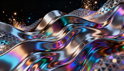 Iridescent metallic waves flow dynamically, interwoven with a geometric lattice, sparkling with light.