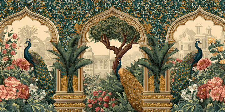 Fototapeta Ornate Eastern Garden Panorama featuring Majestic Peacocks, Lush Foliage, and Exquisite Architectural Arches, Evoking a Sense of Historical Grandeur and Natural Beauty