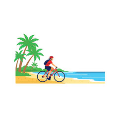 Fototapeta premium A person riding a bicycle along a sandy beach with palm trees and the ocean in the background.