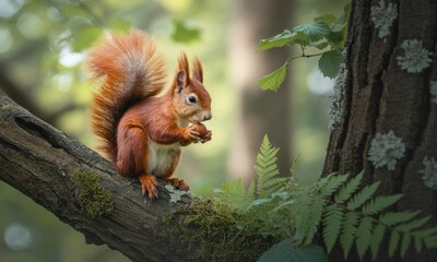 Red squirrel foraging on a branch, lush forest backdrop