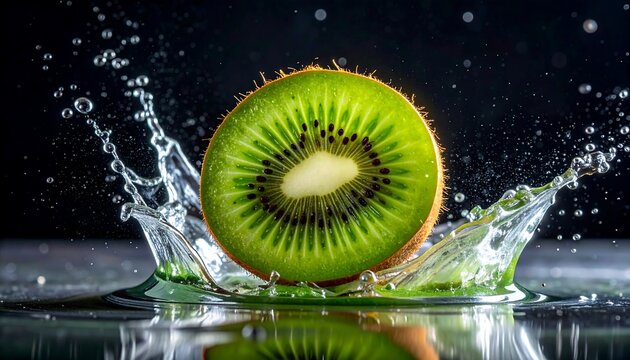 A vibrant kiwi slice is immersed in a dynamic splash of water, showcasing its fresh and juicy nature against a dark background.
