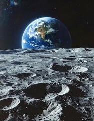 A breathtaking vista of Earth viewed from the lunar surface, showcasing the rugged terrain of the moon.