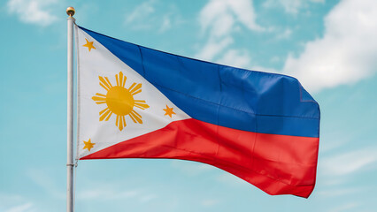 A photograph of the flag of the Philippines waving gently in a light breeze. The flag's vibrant red and blue stripes are clearly visible, accented by a white equilateral triangle in the upper left cor