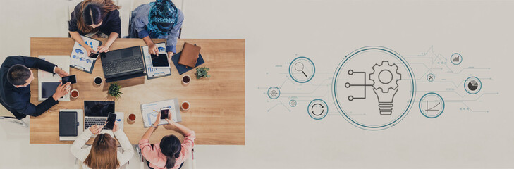 Business innovation and research for process automation. A concept of developing new ideas and technology for strategic growth and market analysis. Motif