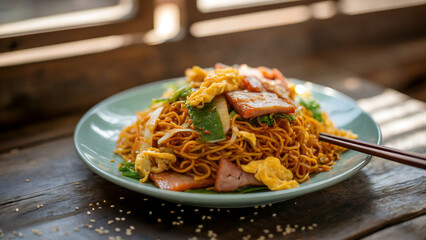 A photograph of a vibrant plate of "Kuay chau goreng", a dish of spicy fried noodles. The noodles are intertwined with bright green shredded cabbage, tender pieces of scrambled egg, and savory slices 