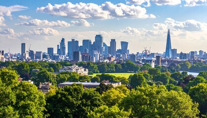 Obraz premium A vibrant cityscape panorama showcasing the London skyline and lush greenery of surrounding parks.