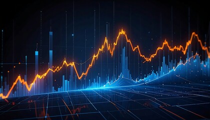 Digital visualization of fluctuating data, with glowing orange line charts & blue bar graphs on a dark background