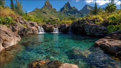 Crystal-clear turquoise water pool nestled amongst lush tropical foliage and dramatic mountains, showcasing cascading waterfalls.