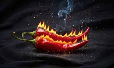 Plexiglas schilderij Hete pepers Two red chili peppers ablaze with flames, smoke, and sparks  © ari