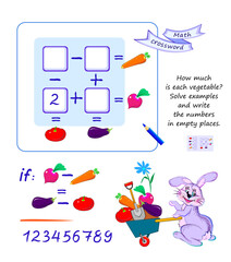 Mathematical logic puzzle game. How much is each vegetable? Solve examples and write the numbers in empty places. Find solution for all equations. Brain teaser book. Math crossword. Vector image