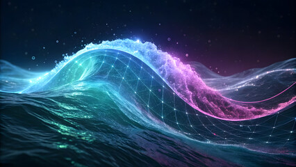 A futuristic, glowing gradient wave surges dynamically across a dark void, forming a fluid, undulating front of luminous color