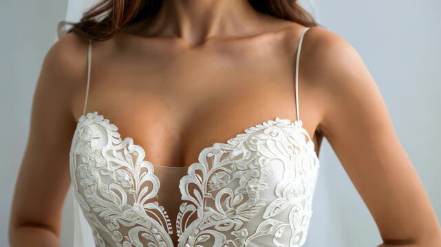 Exquisite Wedding Dress Detail: A close-up studio shot features the intricate craftsmanship of a delicate wedding dress, focusing on the refined bodice and its elegant lace design.