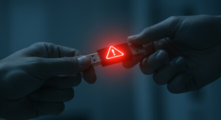 Digital security alert A glowing red USB drive with an exclamation mark warns of potential data corruption, malware, or a cyber threat during connection