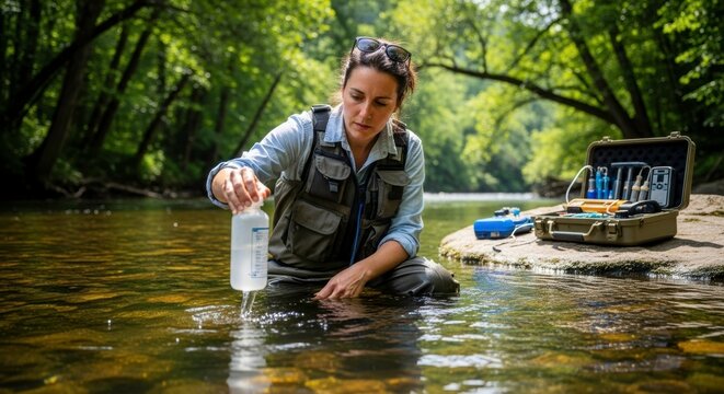 A female scientist collects water samples from a stream in a forest for environmental testing
