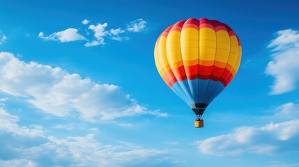 Fototapeta premium Colorful Hot Air Balloon Soaring Through a Bright Blue Sky with Clouds