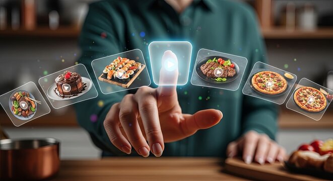 A person in a kitchen uses a futuristic holographic interface to choose from various meal options.