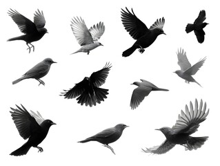 Obraz premium A group of various birds in flight and perched are set against a bright white background, isolated wildlife.