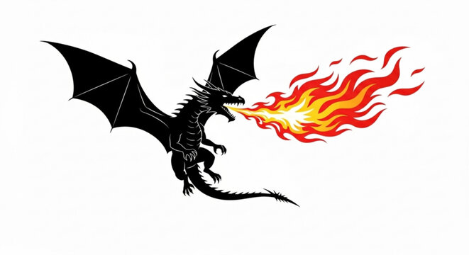 A black dragon with large wings flying and breathing fire in a dynamic and fierce illustration style created with generative ai