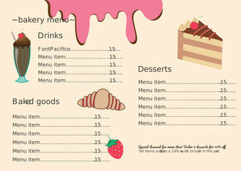 Menu design template for cafe or bakery/ restauarant. Dessert menu with cute colors, pastels. Cake, croissant, fruits, milkshake 