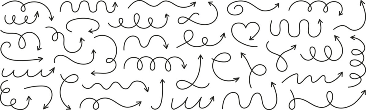 Squiggly arrows doodle set. Curve and Spiral comic symbols in sketch style. Hand drawn vector illustration isolated on white background
