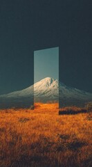 A mountainous vista framed by a vertical portal, showcasing a serene, autumnal landscape with a touch of ethereal mystery.