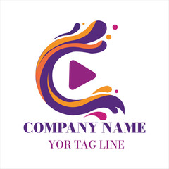 Abstract Play Button Icon with Swirling Purple Orange and Pink Elements Logo with Text Placeholder