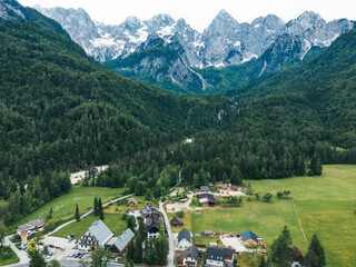 Aerial View of Mountain Landscape and Gozd Martuljek Village, Slovenia