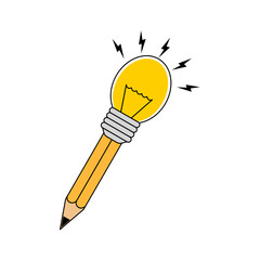 Modern flat design of a pencil with a lamp bulb as its point, expressing creativity, logical thinking, and bright ideas. Vector illustration.