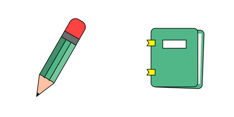 Flat design icon of a pencil and book, illustrated in a clean and modern style. This vector symbolizes education, learning, knowledge, and creativity, combining the tools of writing.