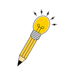 Creative vector illustration of a pencil with a glowing light bulb at its tip, symbolizing inspiration, innovation, and smart ideas. This unique design combines the concept of learning