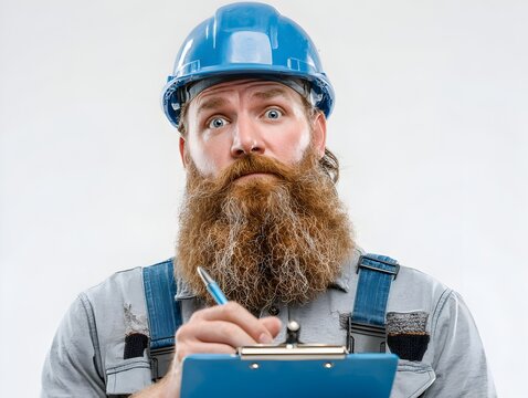 A construction worker with a long beard looks surprised while taking notes on a blue clipboard intently.
