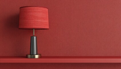 A stylish, crimson-red table lamp sits elegantly on a matching shelf against a textured crimson wall.