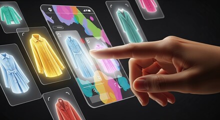 A person's hand interacts with a futuristic transparent smartphone, browsing a virtual clothing store with glowing holographic garments.