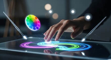 Designer's hand manipulating a vibrant, glowing user interface for digital painting on a futuristic tablet.