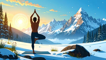 Man in yoga pose amidst snowy mountains
