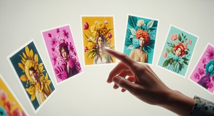 A person's hand reaches out to select one of several colorful, floral-themed artistic portraits arranged in a floating arc.