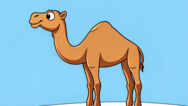 Smiling Desert Caravan: a friendly camel, the quintessential desert wanderer, poses against a backdrop of serene, pale blue skies. A lighthearted scene, echoing tales of nomadic journeys.
