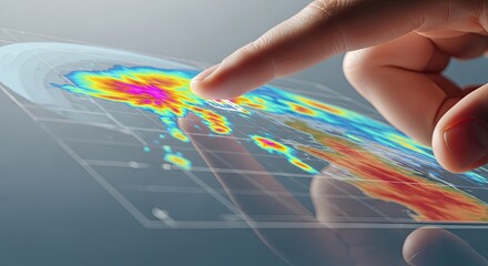 A person's finger interacts with a futuristic transparent touch screen showing a weather forecast map.