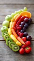 Colorful rainbow arrangement of fresh fruits and vegetables for healthy living and nutrition inspiration