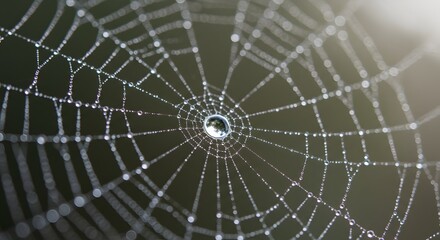 Obraz premium Delicate Dewdrop Web: A close-up of a glistening spider web, adorned with delicate dewdrops. Each droplet captures the ambient light, creating a mesmerizing display of nature's intricacy. 