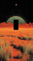 A desolate alien landscape unfolds, showcasing vibrant reds and oranges, a mysterious black rectangle, and distant celestial bodies.