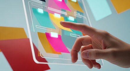 A person's hand interacts with a futuristic transparent tablet displaying colorful digital sticky notes for organization.