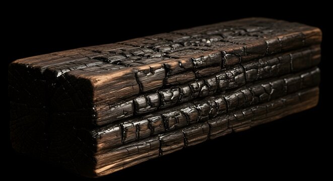 Burnt Wood Block Texture: An evocative close-up of a charred wood block with visible textures, highlighting its rustic charm and the effects of fire and heat.