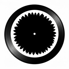 A black vinyl record with a black sunflower design in the center on a white background in a studio shot created with generative ai